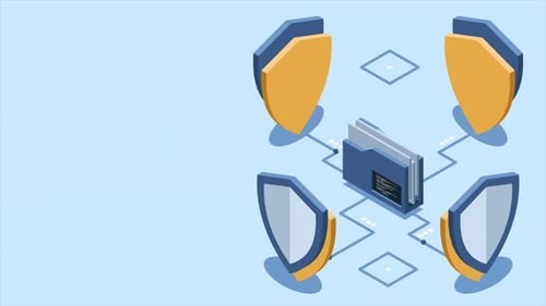 Pasta isométrica com animação de escudo. Proteção de dados. Segurança de pastas. Documentos e pastas seguros