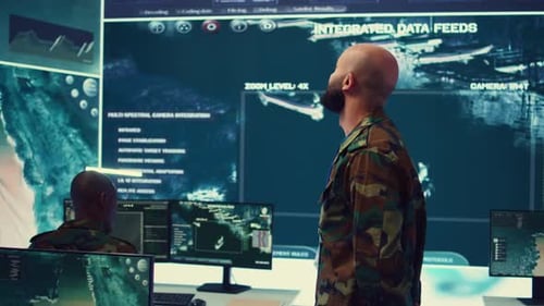 Futuristic Workplace with Team Working on Computers