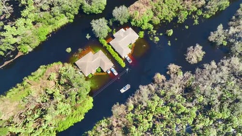 Surrounded By Hurricane Ian Rainfall Flood Waters Homes in Florida Residential Area