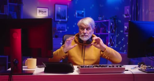 Portrait of Old Male DJ Works on the Mixer Console Creating Music on Equipment Sitting at Table in