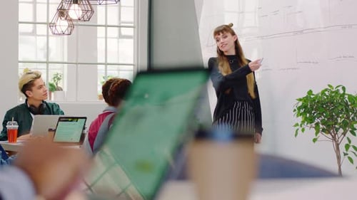 Startup, woman and workshop for presentation in classroom show planning