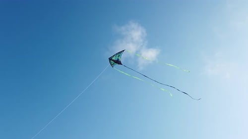 Blue and green kite with three tails flying in a clear sky from below