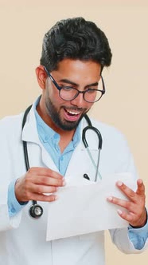 Happy Doctor Man Open Envelope Take Out Letter Reads Bank Loan Approve Great News Award Win