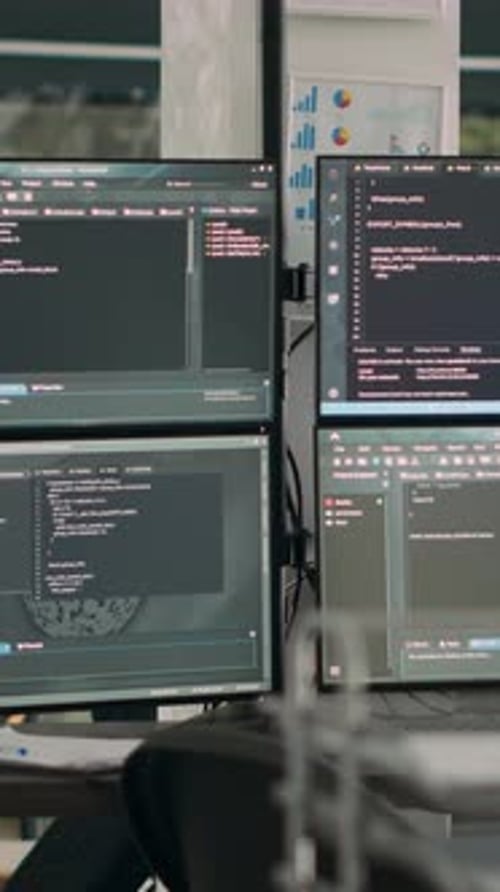 Vertical Video Monitors Displaying Parsing Code in Empty It Agency Office Desk with Computers
