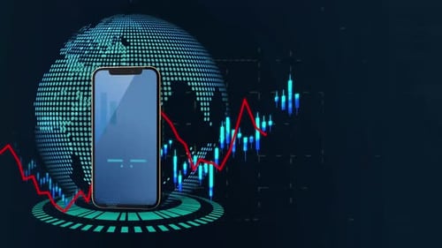 Animated Digital Globe with Rising Financial Data Charts