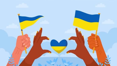 Animated Diverse Hands Holding Ukrainian Flags and Heart Symbol