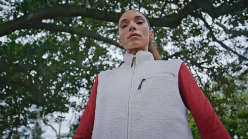 Fit Woman Standing Park in Fitness Attire Before Daily Workout Closeup Athlete