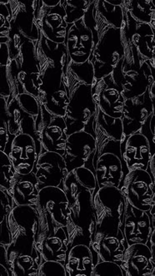 Retrato de cabezas masculinas giratorias en blanco y negro dibujado a mano