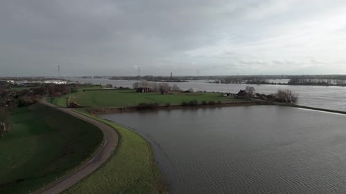 Flooded riverbanks at river Waal in the Netherlands