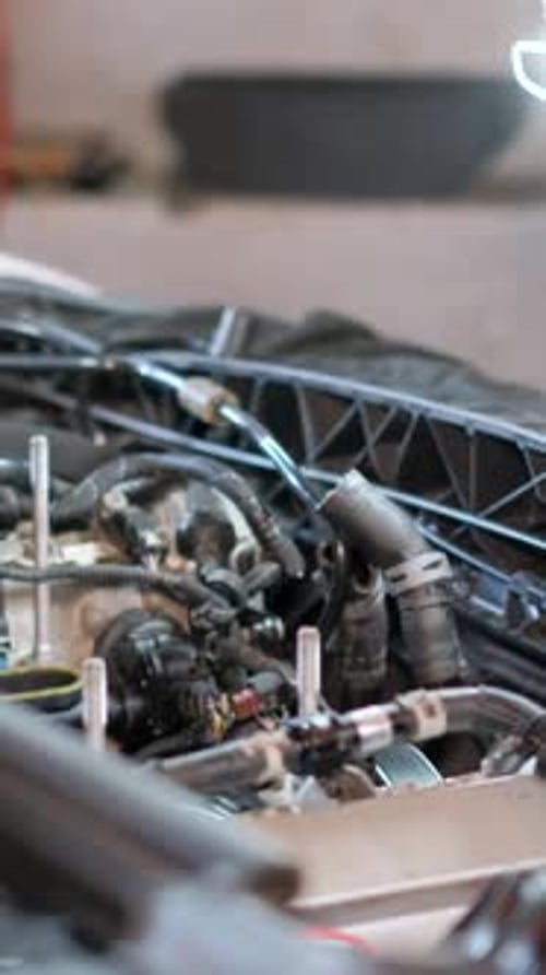 A Mechanic Looks Under the Hood of a Car A Man in a Gray Uniform is Repairing a Car Indoors
