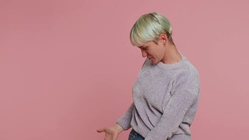 Woman Pointing Empty Place Advertising Area for Commercial Text Copy Space for Goods Promotion