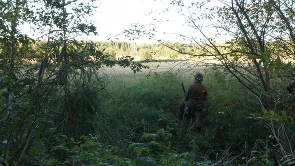Hunter hiding in bushes and grass, scouting field for potential target ...