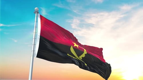 Realistic Waving Angola Flag Against a Vibrant Sunset Sky