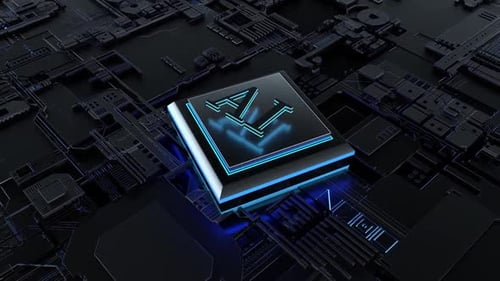 A Computer Motherboard With AI Message On It In A Futuristic City