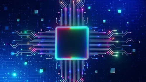 Neon Microchip on Digital Circuit Board Background