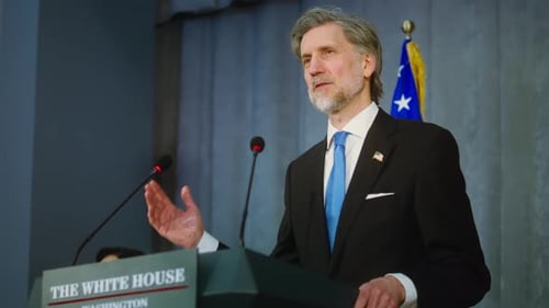 US President Gives Interview for Media at Press Campaign in Conference Hall