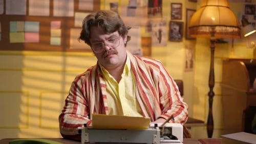 Journalist Writer in Dressing Gown Glasses and Mustache Write Article in Office or at Home in Retro