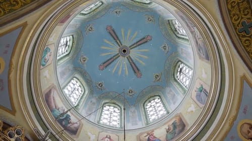 41 Interior, architecture of the Orthodox church with painting and iconostasis.