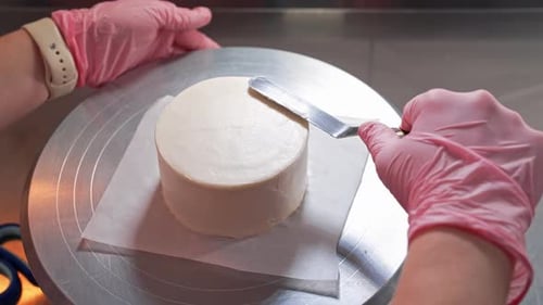 Icing a White Cake with Metal Spatula