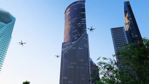 Drones Flying Between City Office Buildings