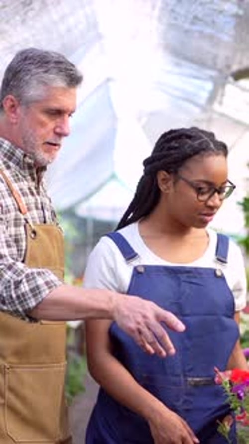 Adults Discussing Gardening and Plants in Greenhouse