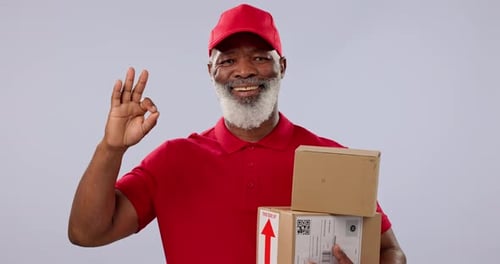 Delivery boxes, mature black man or okay sign for logistics courier, product shipping