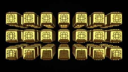 Luxus-Hintergrund mit rotierenden Goldwürfeln, 3D-Render, Figuren, exklusiv, Reflexion