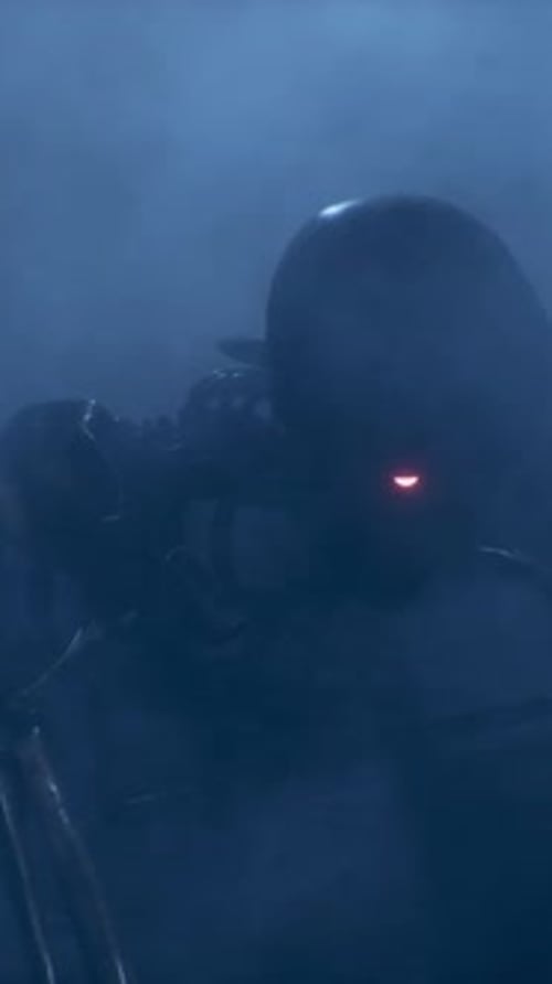 Ein gruseliges Skelett mit leuchtenden Augen krabbelt im Nebel direkt auf dich zu. Halloween-Konzept.