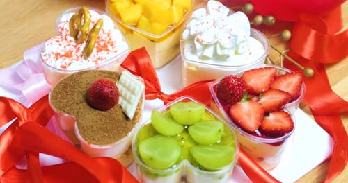 Heart-Shaped Desserts with Fresh Fruit and Ribbon