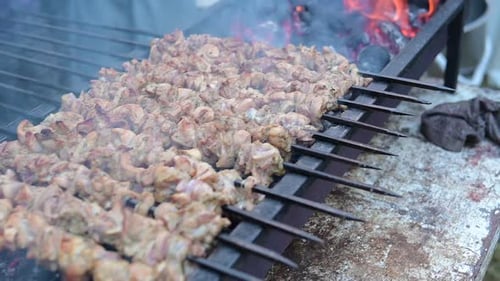 Close up of cooking kebab on grill