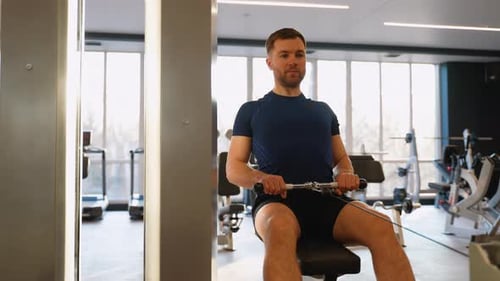 Man Doing Seated Cable Row Back Exercise in Gym
