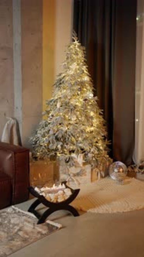 Glowing Christmas Tree with Gifts and Fireplace