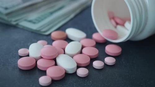 Closeup of Pills and Money on a Table