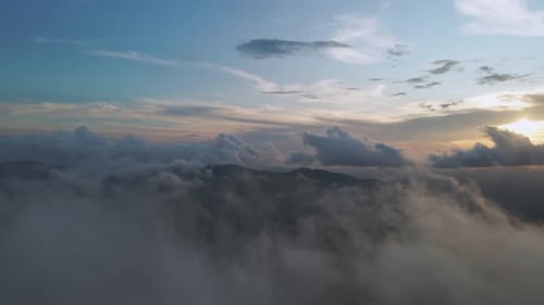 Drone Fly Through Fluffy Cloud In Misty Sky At Sunset In Costa Rica, 4K