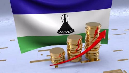 Lesotho Flag With Gold Coins Tower And Up Arrow