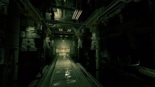 Confined Industrial Passage Filled with Dripping Panels and Reflective Flooring