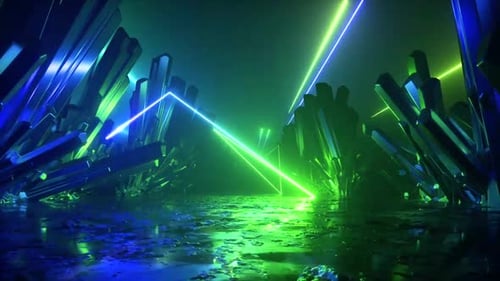 Láseres de neón dinámicos iluminan una cueva de cristal futurista