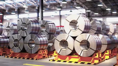 Rolled Steel Metal Rolls Steel Sheets Rolled Up Into Rolls Stacked in Warehouse 3d
