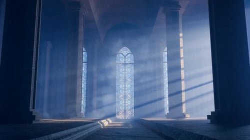 Sunbeams Illuminating Stained Glass Window in Misty Church