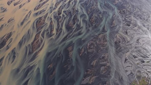 Aerial view of braided river system, Iceland.