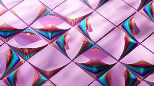 Colorful Paper Stripes Creating a Dynamic Wave Pattern Against a Pink Background Forming an