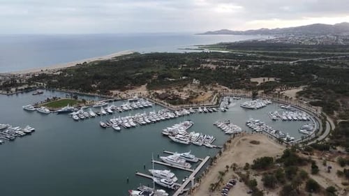 Puerto Los Cabos aerial footage of the marina near San Jose del Cabo in Los Cabos Mexico with yachts
