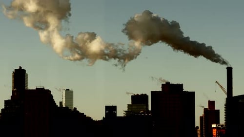 Industrial Pollution Smoke Steam Smog Moving Over Urban City Buildings