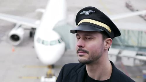 Pilot Standing on Airport Tarmac near Airplane
