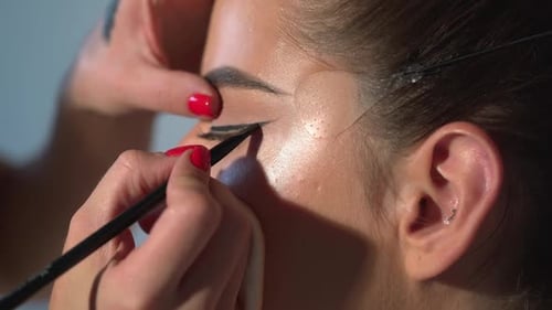 Professional Makeup Artist Working with Beautiful Young Woman Make Up for Sexy Model Makeup Artist