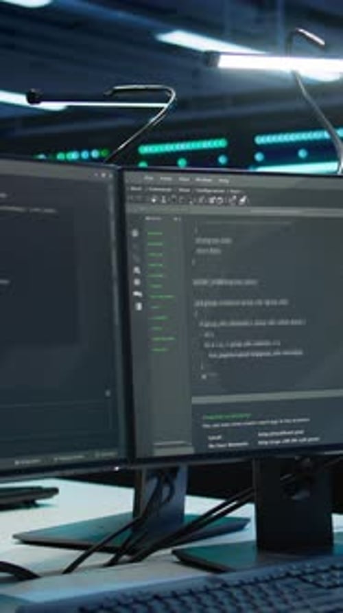 Vertical Video Panning Shot of PCs Used By Admins Ensuring Compliance with Regulations
