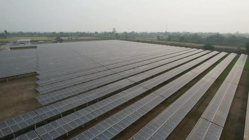 Topview of photovoltaic power plants, Photovoltaic solar system for alternative energy, drone view.