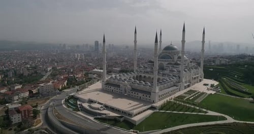 Aerial video around the Camlica mosque, with six minarets Turkey