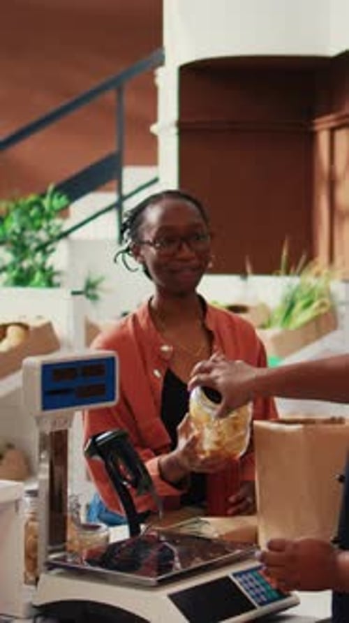 Customer Checking Out at Local Grocery Store