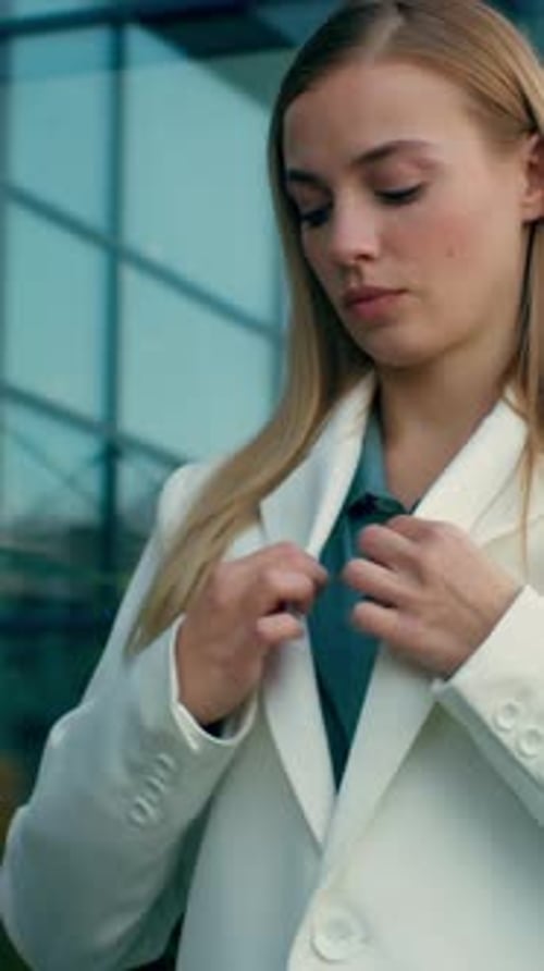 Confident Proud Caucasian Business Woman Adjusting Formal Suit Outdoor Near Corporate Office